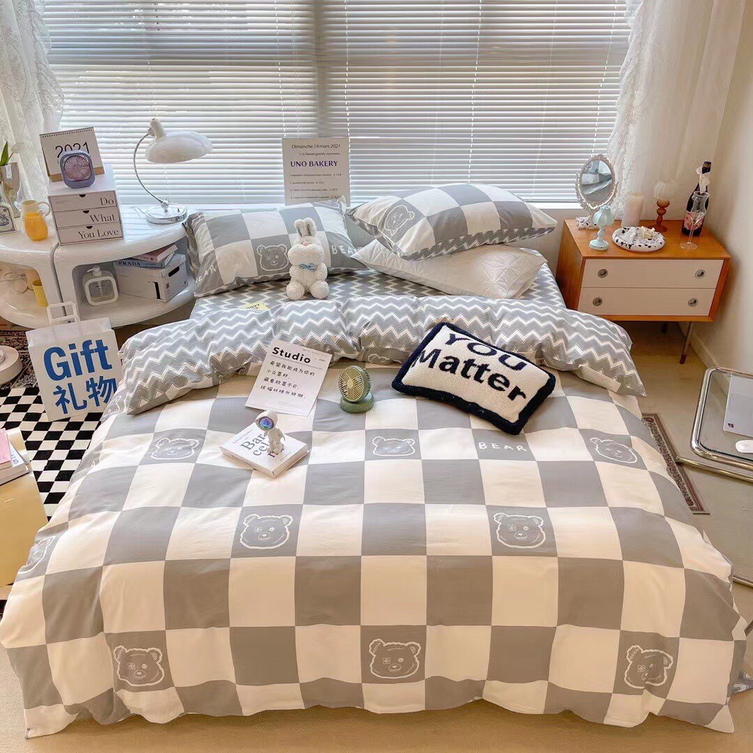 北欧风温柔灰白格子小熊全棉床单被套四件套床笠款斜纹纯棉床品