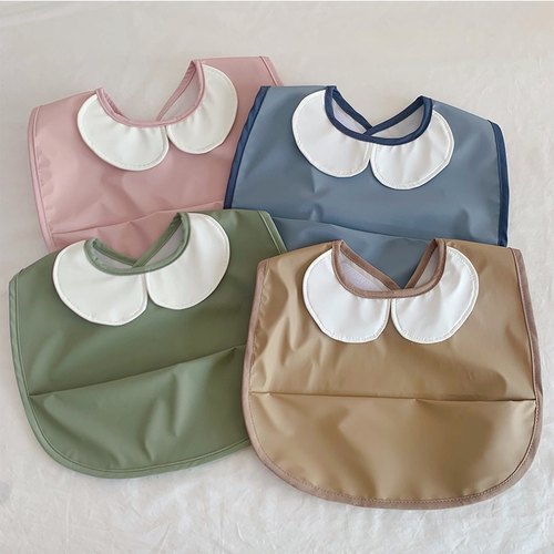 ins韩国纯色娃娃领儿童围兜宝宝吃饭防水饭兜婴儿辅食小围嘴素色