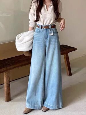 【玉米专享】韩系高腰舒适水洗显瘦阔腿甩裤牛仔裤18120