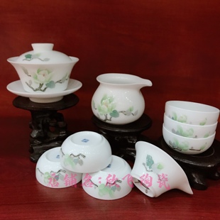 醴陵釉下五彩瓷手绘功夫茶茶具九件套HH皮盒包装居家礼品陶瓷盖碗