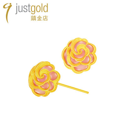 justgold镇金店山茶小曲5G工艺黄金足金耳钉耳钩耳环1328071Y