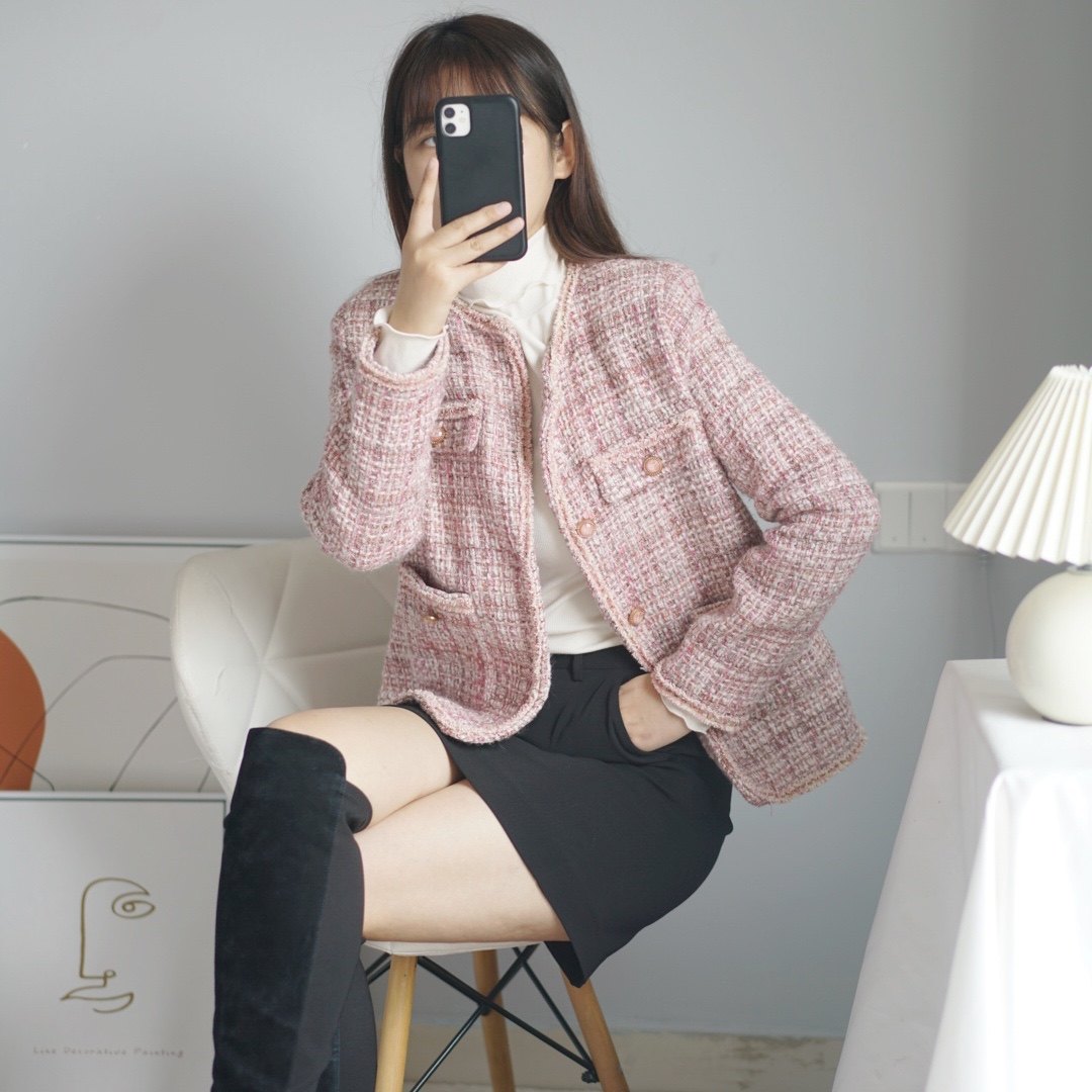 美喜2021春款韩版名媛小香风女外套短粗花呢修身显瘦百搭上衣潮