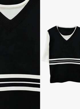 【甜甜圈专享】学院风撞色假两件短袖t恤宽松针织上衣显瘦遮肉