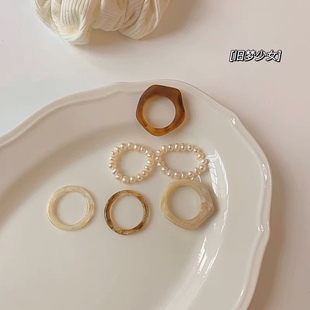 韩国超美复古不规则戒指3件套小众设计感珍珠戒指ins指环套装 A66
