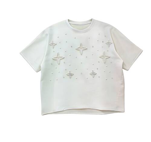 【小四专享】空气棉订珠宽松休闲圆领短袖T恤上衣