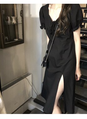 学院风夏女公主山本黑暗风宝藏修身连衣裙开叉高腰小个子中长裙