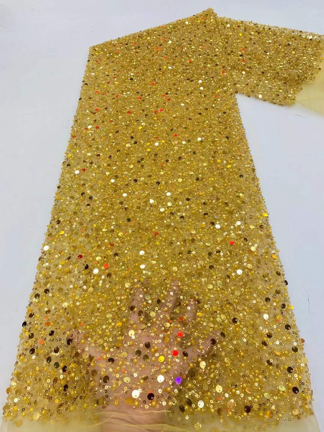 外贸欧美珠管网纱面料多色钉珠泡珠重工礼服连衣裙水晶亮片布料