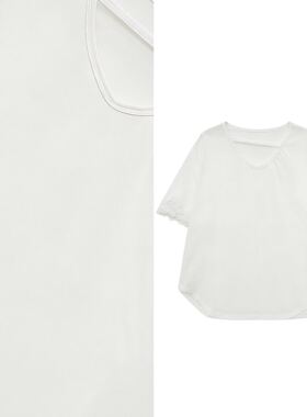 【玉米专享】黑色V领短袖蕾丝花边拼接T恤减龄上衣3030