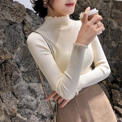 New slim fit solid color half high collar wooden ear edge T-shirt long sleeve sweater women's bottoming shirt