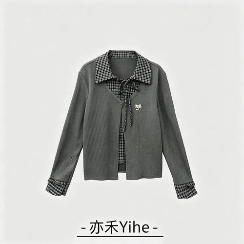 【玉米专享】【亦禾YIhe】POLO领假两件开衫复古格子上衣128