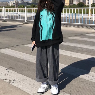 烟灰色牛仔裤女春季2021新款学生韩版宽松高腰显瘦百搭阔腿直筒裤