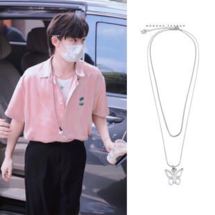 正确版丁程鑫国潮同款双层镂空蝴蝶情侣项链轻奢锁骨链原创情人节