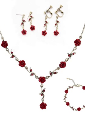 「秘密的庭院」复古红玫瑰做旧宫廷风森系耳环耳夹项链手链套装