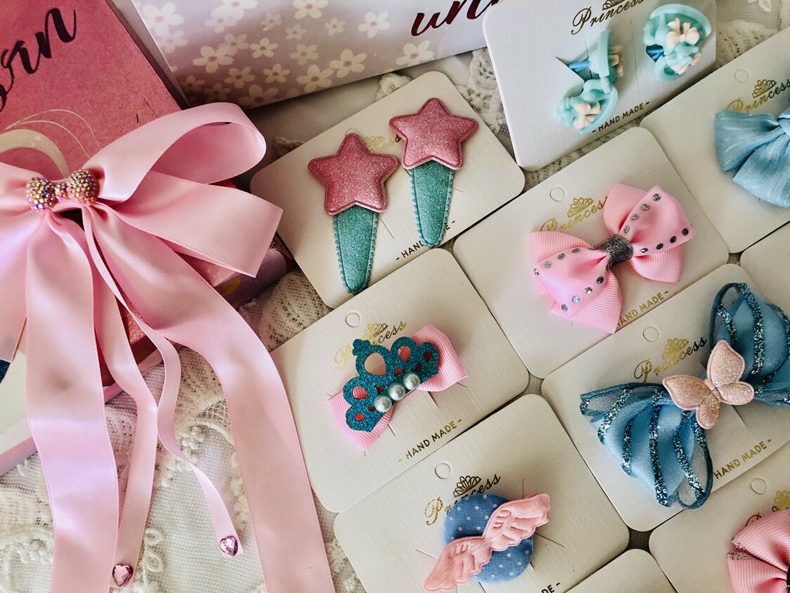 女童生日15件套礼盒儿童粉蓝系飘带可爱发夹发绳套装送贺卡礼袋