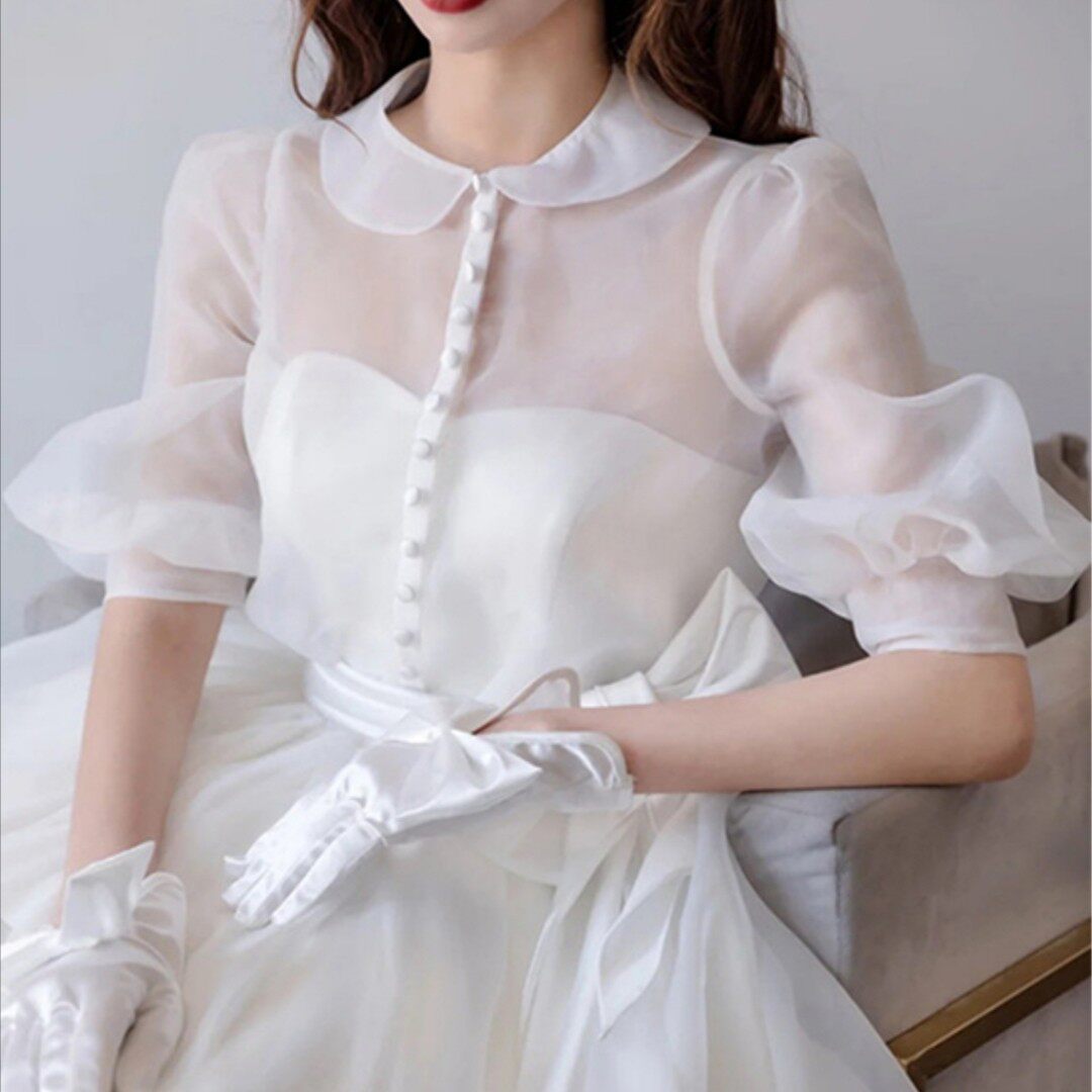 2021新款新娘婚纱配饰披肩外套内搭娃娃领欧根纱婚纱泡泡袖小外套