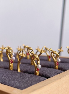 纯银金色戒托万能镶嵌珍珠diy