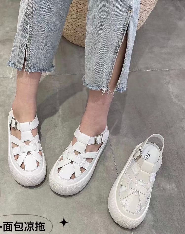 Cowhide sandals women's soft soled flat bottom comfortable hollow out single shoes summer leisure hole shoes anti slip mother shoes