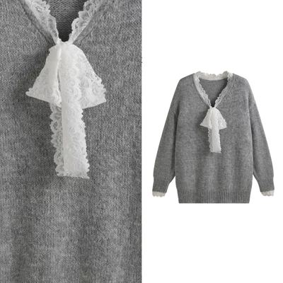 【玉米专享】灰色V领拼接蕾丝边毛针织衫蝴蝶结设计感上衣