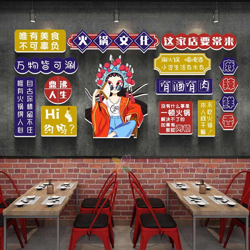 火锅烧烤店饭店背景墙面装饰创意国潮立体墙贴画布置文字可定制图片