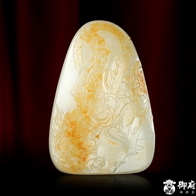 新疆和田黄皮白玉籽料文殊菩萨110.2克天然玉石籽料挂坠