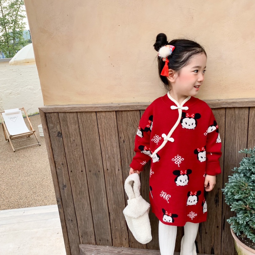 秋冬儿童小童女童红色旗袍式汉服