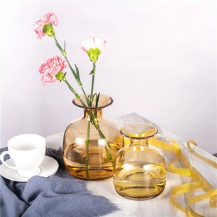 出口欧美单手工制作彩色透明玻璃花瓶北欧简约花插摆件元宝型花器