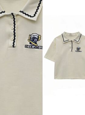 【甜甜专享】手工钩花领短袖polo宽松显瘦T恤上衣