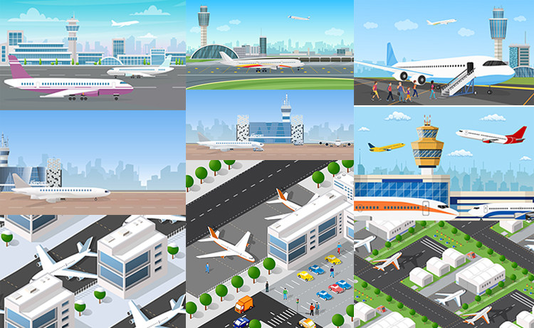 机场停机坪场景 扁平化卡通飞机场插画背景 ai格式矢量设计素材