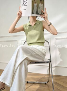 【悟空专享】韩版时尚气质翻领冰丝针织短袖加裤子套装4020