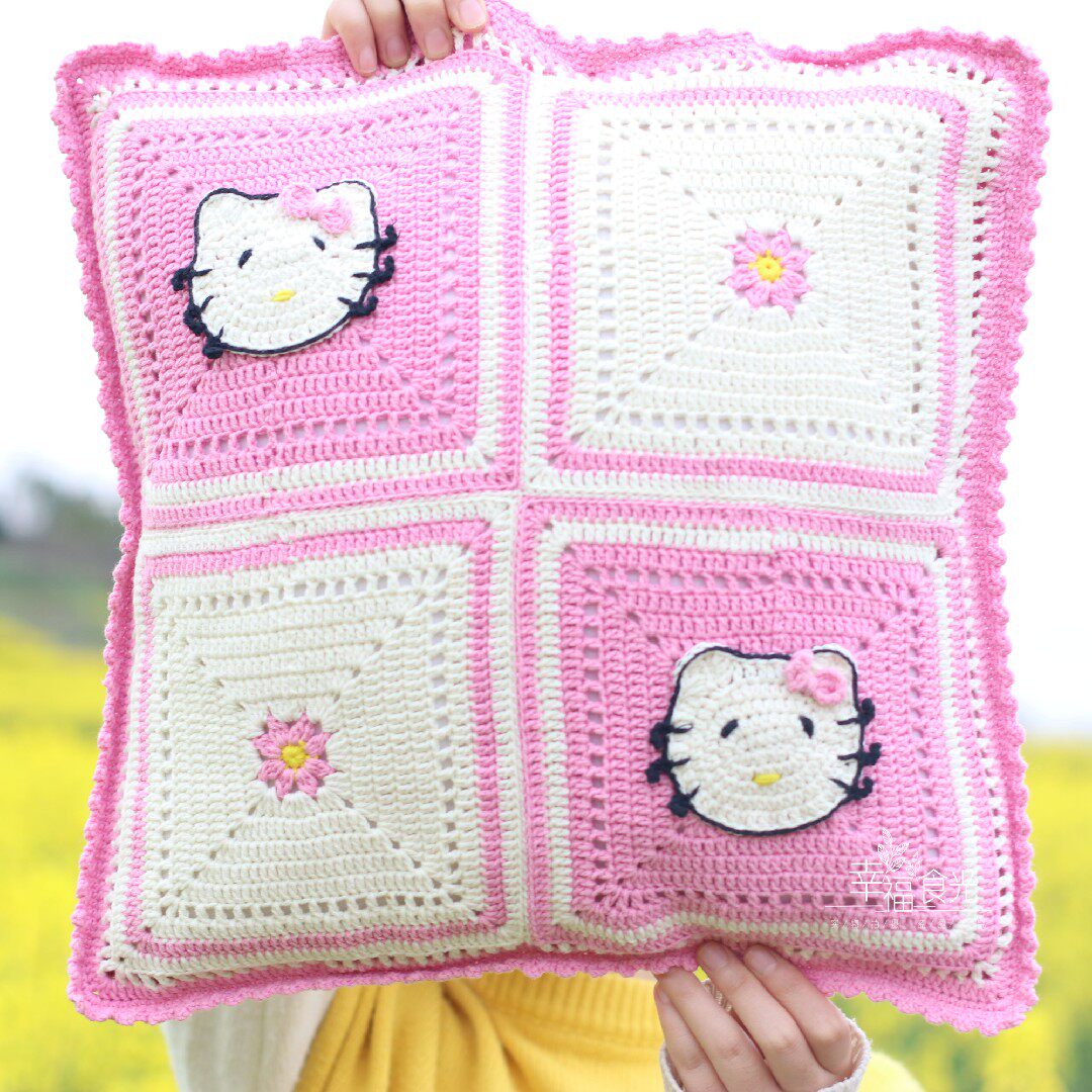 手工hello kitty拼花抱枕成品 diy毛线钩织枕头沙发靠垫 汽车靠枕