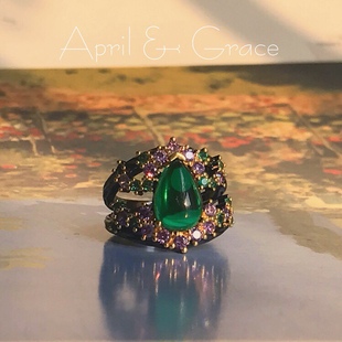 出口Italy意大利设计《紫藤花园》泪滴祖母绿紫钻宝石黑金戒指女