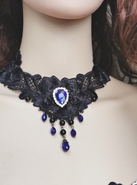 欧美蕾丝水晶镶钻黑色流苏脖链