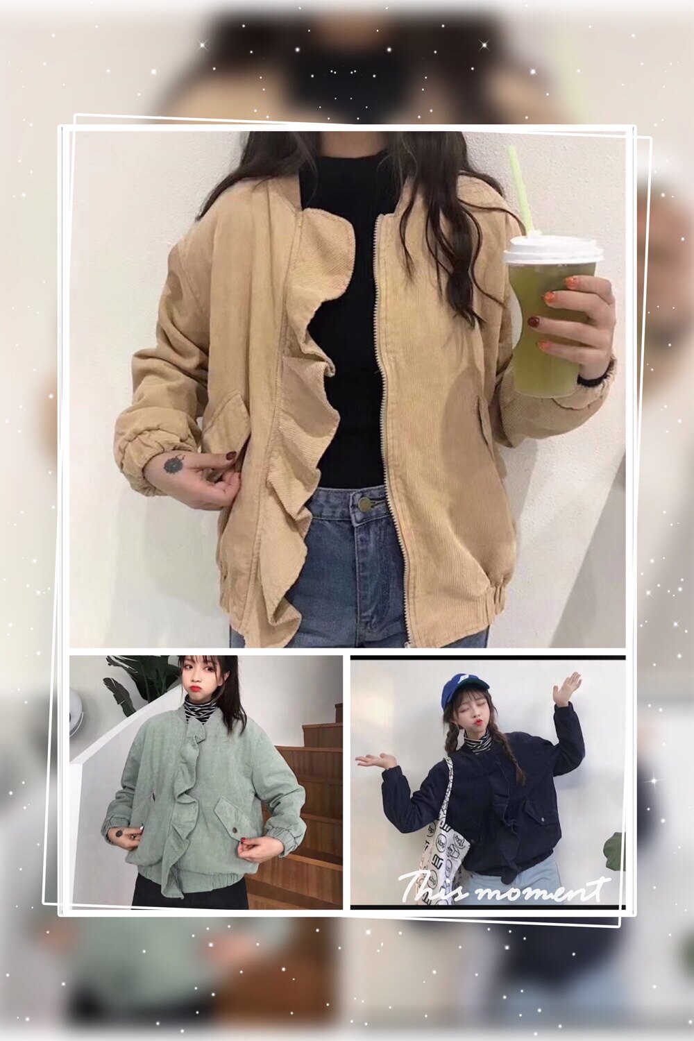 燕姐家 新款纯色灯芯绒木耳边休闲短款小个子女长袖拉链外套上衣