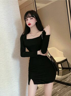 女士新款方领开叉连衣裙气质性感冷淡风炸街包臀修身早春秋短裙子