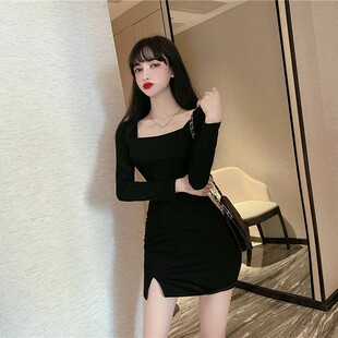 女士新款方领开叉连衣裙气质性感冷淡风炸街包臀修身早春秋短裙子
