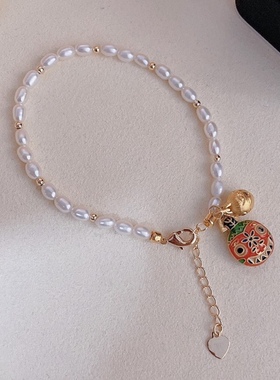 新品吞金兽手链 3-4MM天然高品质淡水小米珍珠 14k注金景泰蓝工艺