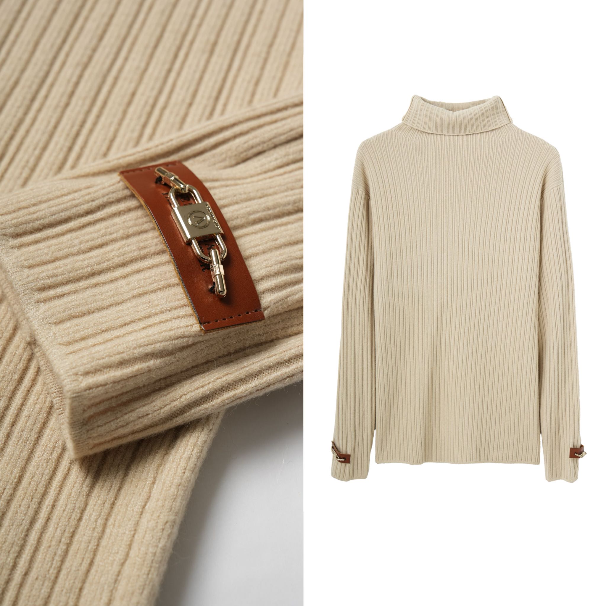 【玉米专享】韩版堆堆领坑条纹理感全羊毛针织衫女袖口小皮标毛衣