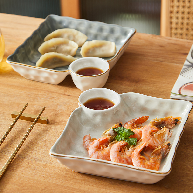 君际居家陶瓷饺子盘带醋碟盘子家用轻奢金边高颜值水饺盘分格餐盘