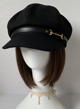 80%羊毛呢54-61cm大头围 黑色复古百搭ins短檐八角帽报童帽画家帽