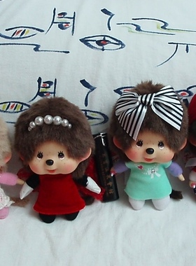 蒙奇奇 monchhichi 日本正版 蝴蝶结 红色连衣裙 珍珠 大头挂件