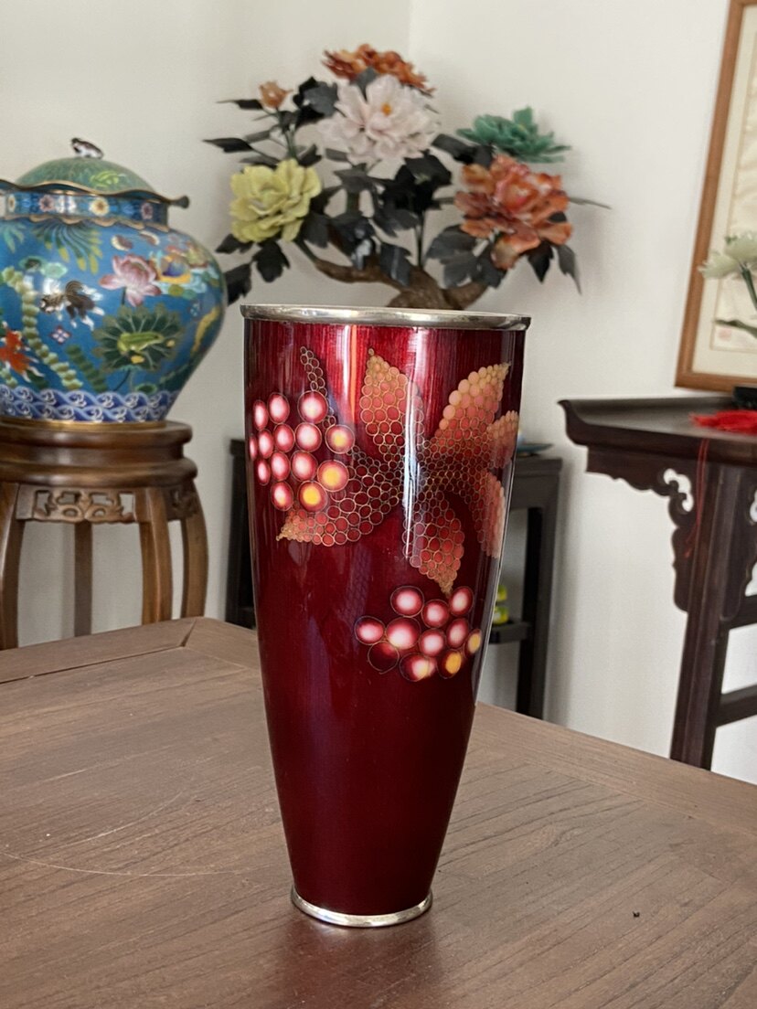 库存日本几十年老七宝烧花瓶花插艺术品摆件铜胎掐银丝纯手工