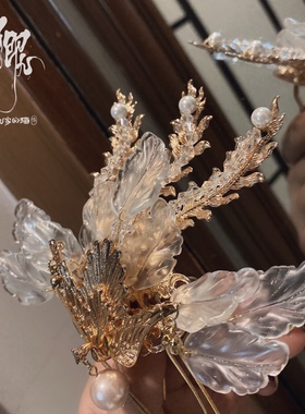 卿九家的猫原创 白琉璃水晶凤凰玄鸟发钗汉服发冠后压