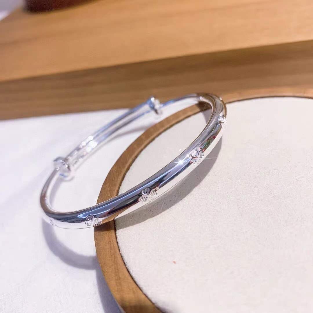 999足银四叶草圆肚实心伸缩口推拉纯银女手镯