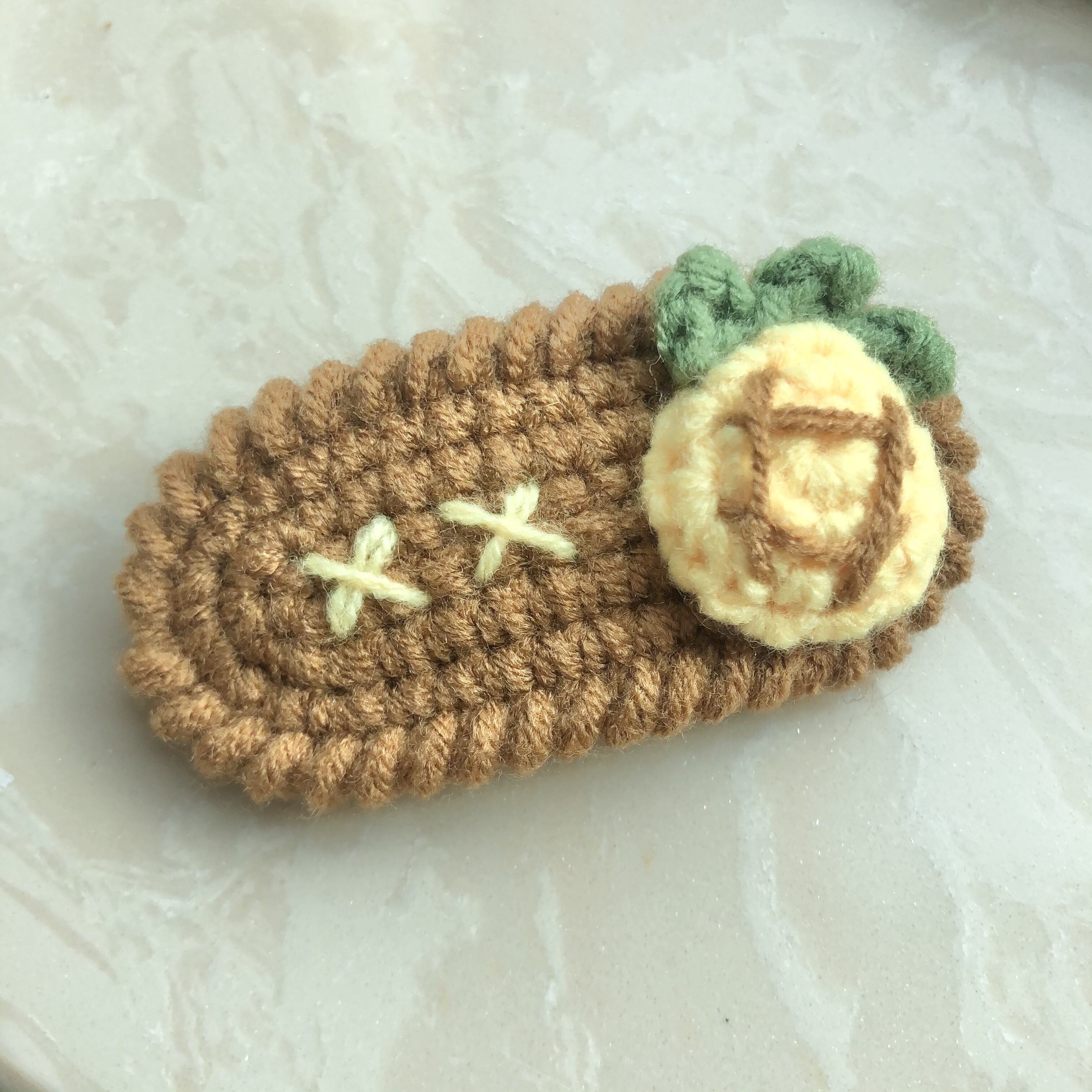 菠萝发夹边夹头饰毛线编织纯手工制作奶茶色饼干花边夹子水滴夹