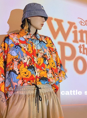 cattle赵大牛 vintage美式童趣满印卡通小熊短袖衬衫 情侣衬衣