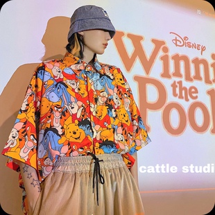 cattle赵大牛 童趣满印卡通小熊短袖 衬衫 情侣衬衣 vintage美式