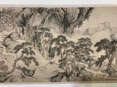 石涛 山水图 吴昌硕题卷首 国画长卷 装饰画芯手卷装裱微喷复制品