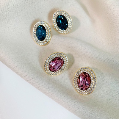 古丽水晶镶嵌镀金925银针耳钉OL