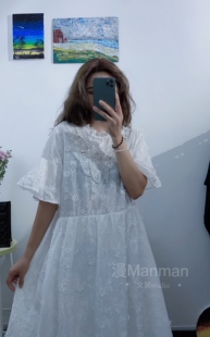 夏季新品女韩版宽松A型连衣裙蕾丝刺绣花重工钉珠胖mm娃娃中长裙