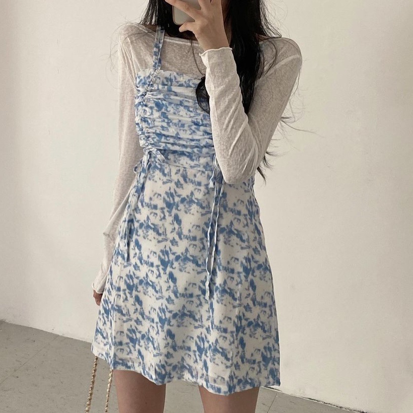 Real price tie dyed slim suspender skirt + long sleeve sunscreen blouse T-shirt